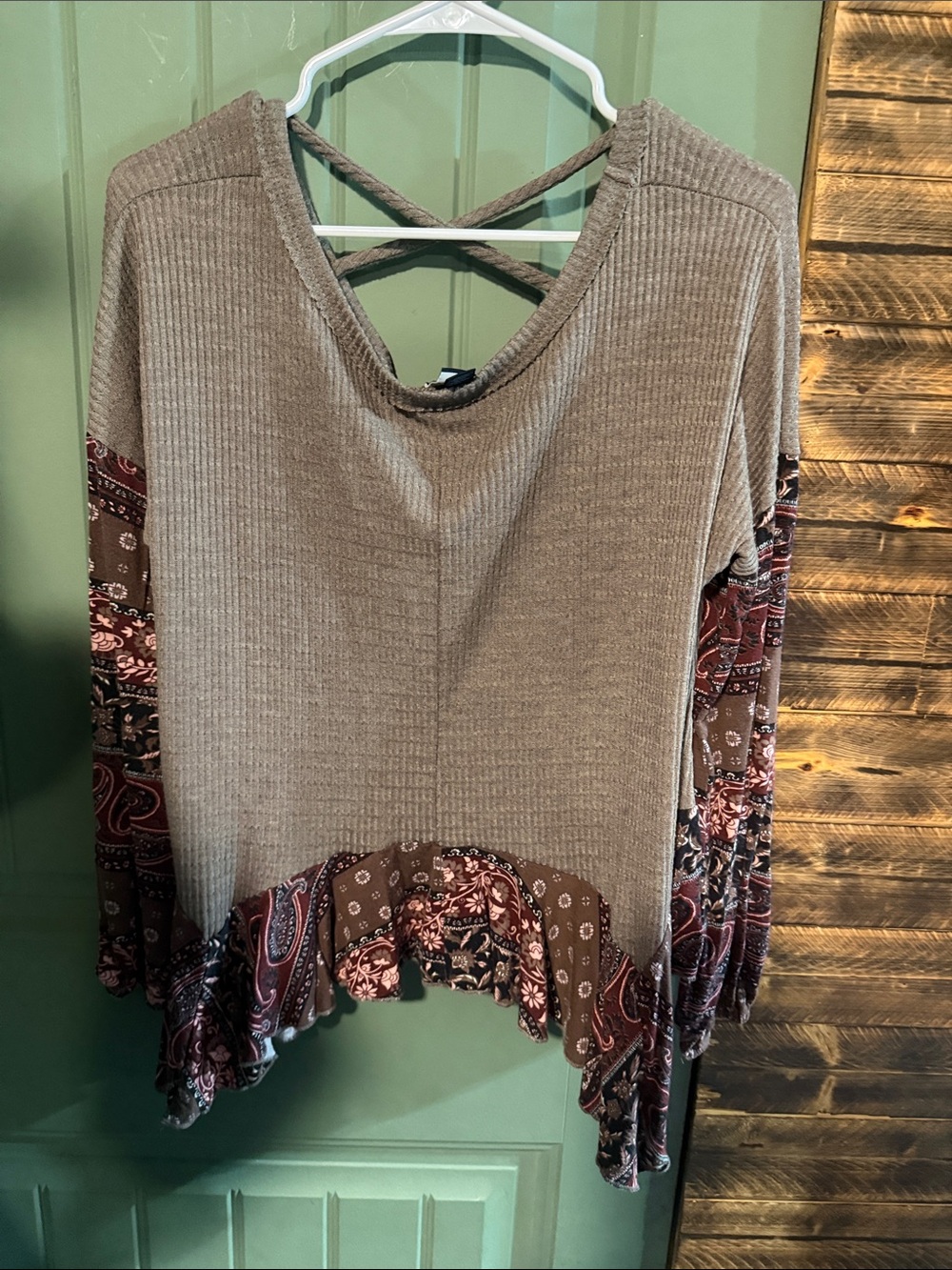 Daytrip Taupe Waffle Knit Top with Paisley Trim and Crisscross Back
